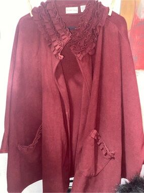 Caslon Ruffle-Trim Open Poncho Sweater - Burgundy